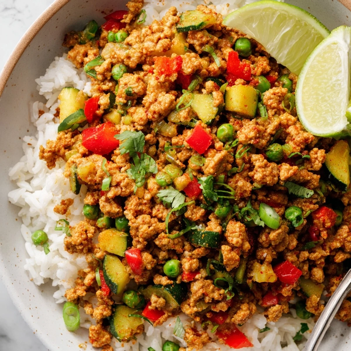 Ground turkey seasoned with cumin and paprika served over steamed white rice