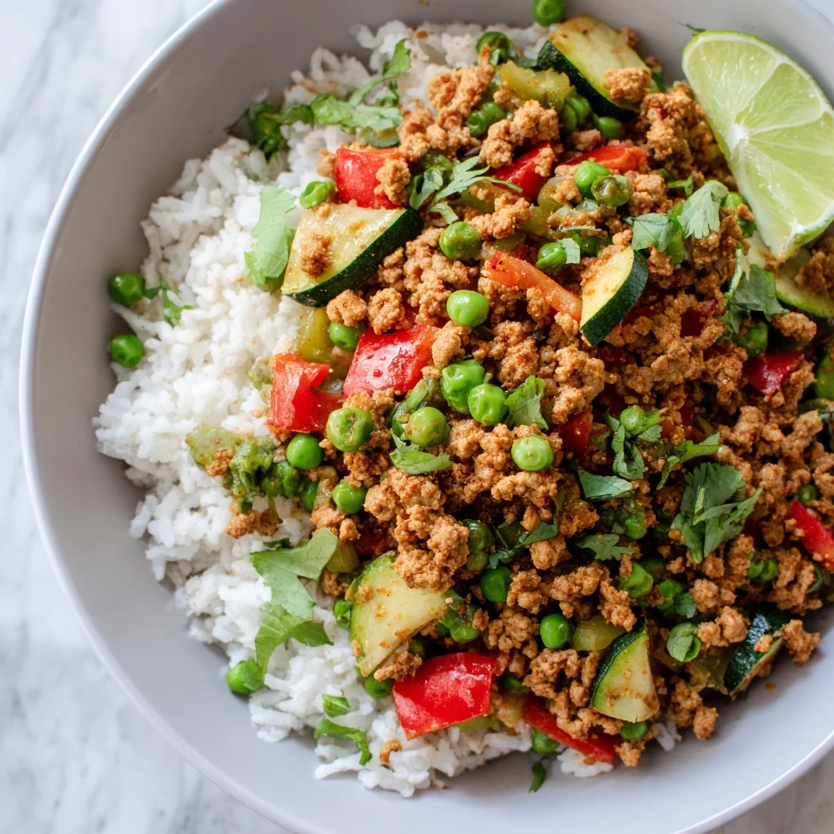 Hearty spiced turkey rice bowls garnished with lime wedges and chopped spring onions