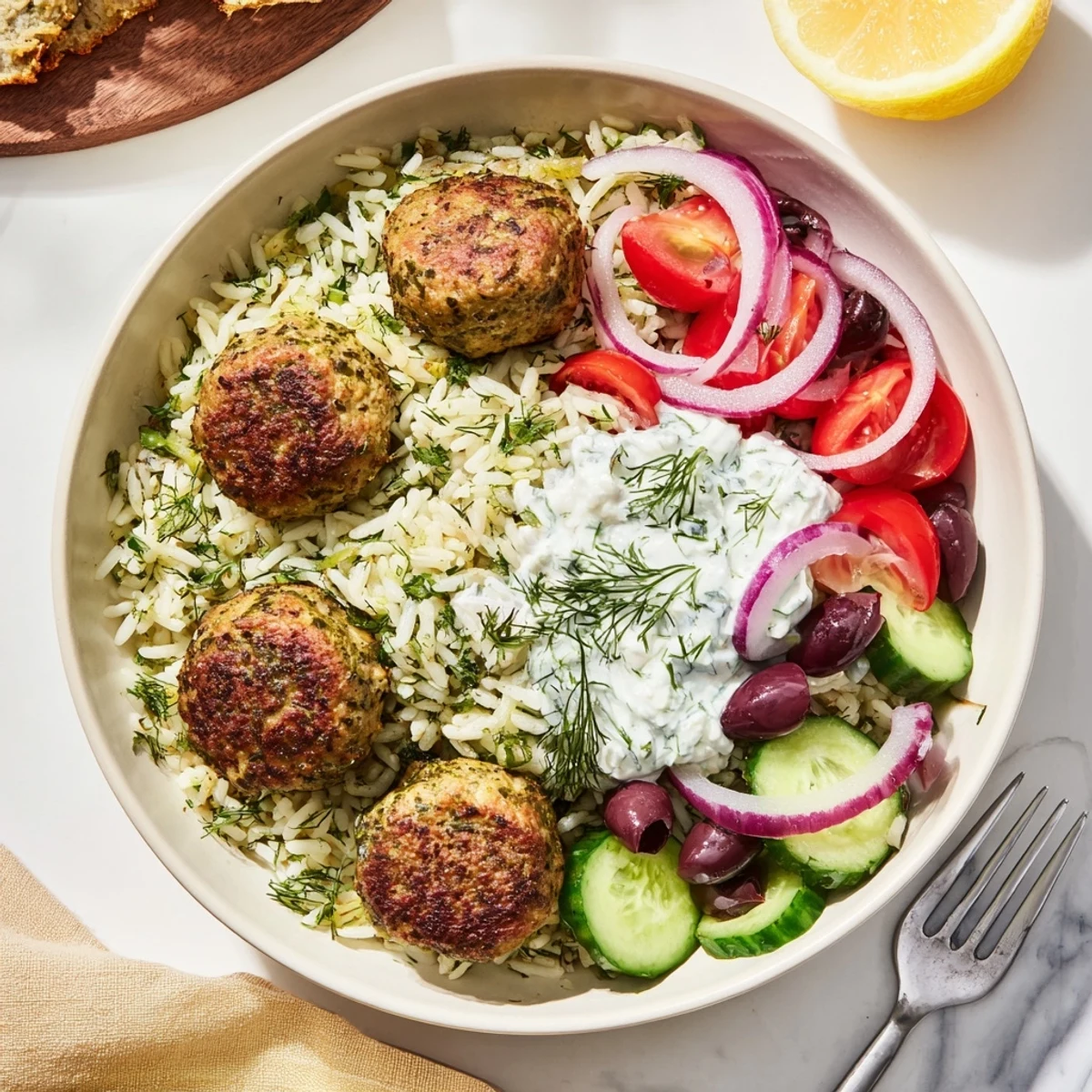 Golden za'atar turkey meatballs nestled over herbed rice with vibrant Mediterranean toppings and creamy yogurt drizzle