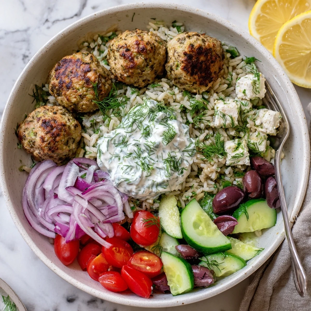 Crisp vegetables and juicy Mediterranean za'atar turkey meatball bowls finished with cool yogurt sauce and lemon