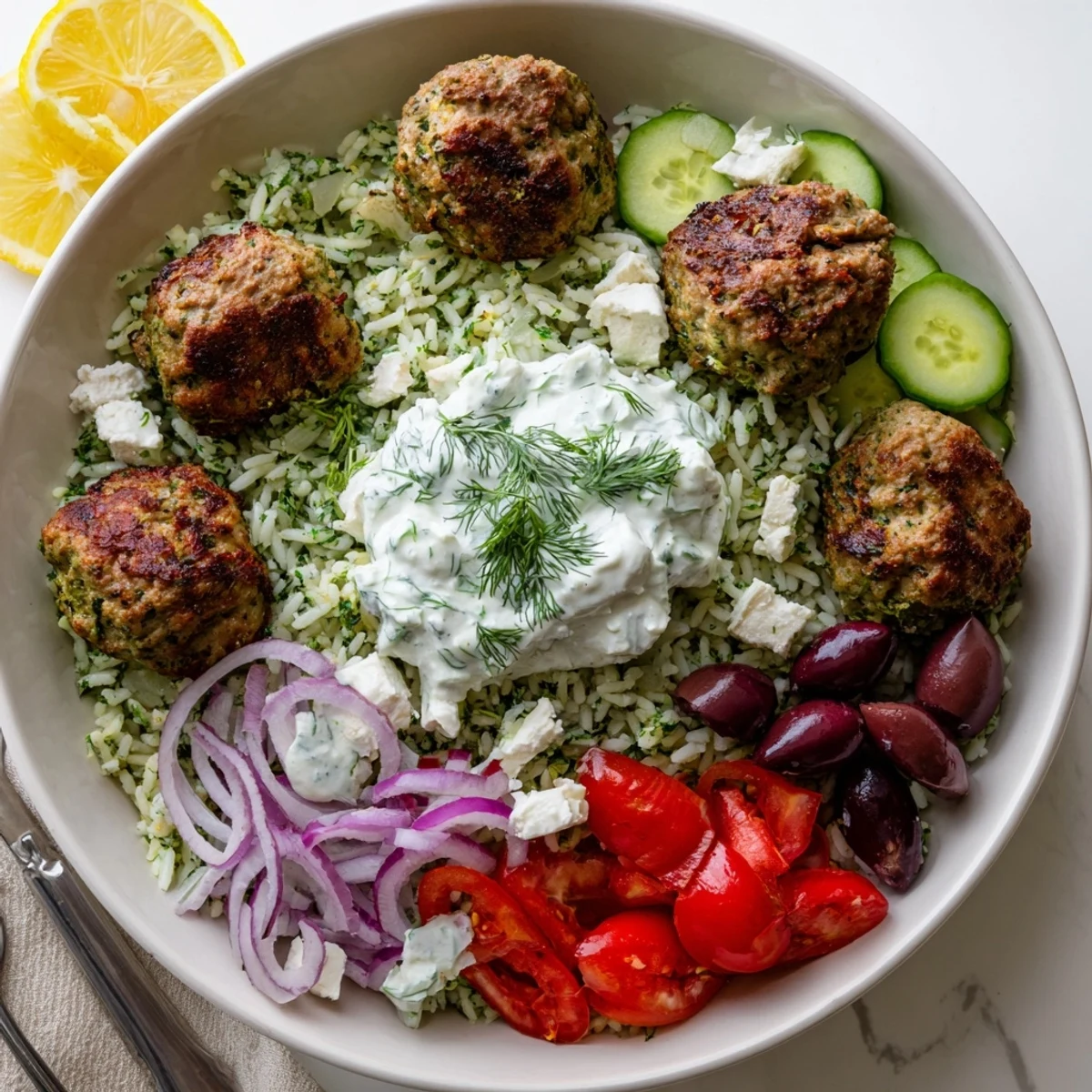 Sizzling za'atar-spiced turkey meatballs served atop fluffy herbed rice with fresh cucumbers, tomatoes, and tangy feta crumbles