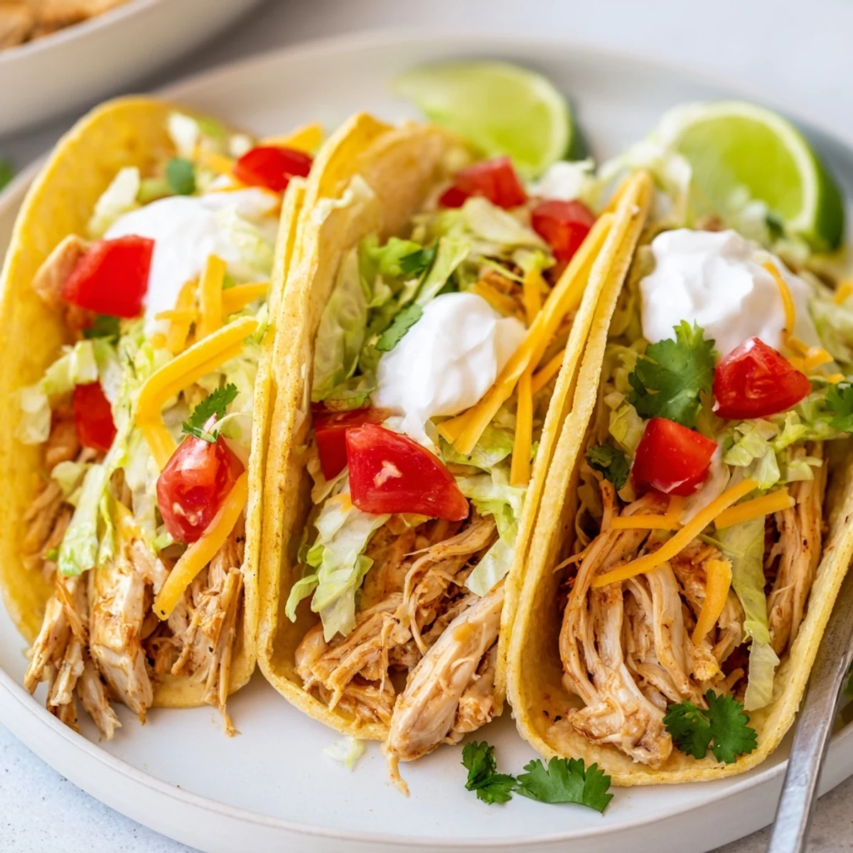 Slow Cooker Ranch Chicken Tacos topped with melted cheddar, sour cream, and fresh cilantro on warm tortillas