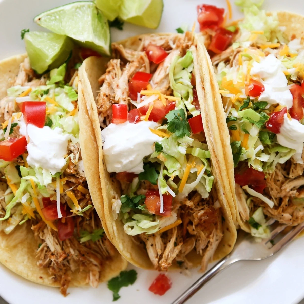 Juicy shredded Slow Cooker Ranch Chicken Tacos loaded with crisp lettuce, diced tomatoes, and a bright lime squeeze