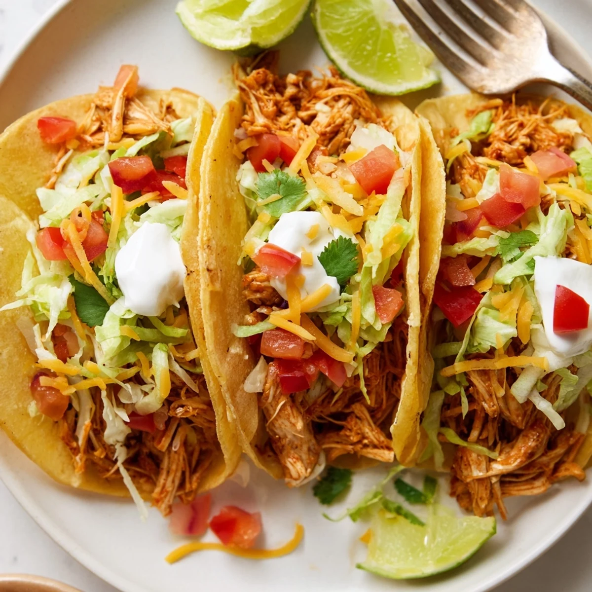 Tender Slow Cooker Ranch Chicken Tacos piled high with fresh toppings on soft corn tortillas for an easy weeknight dinner