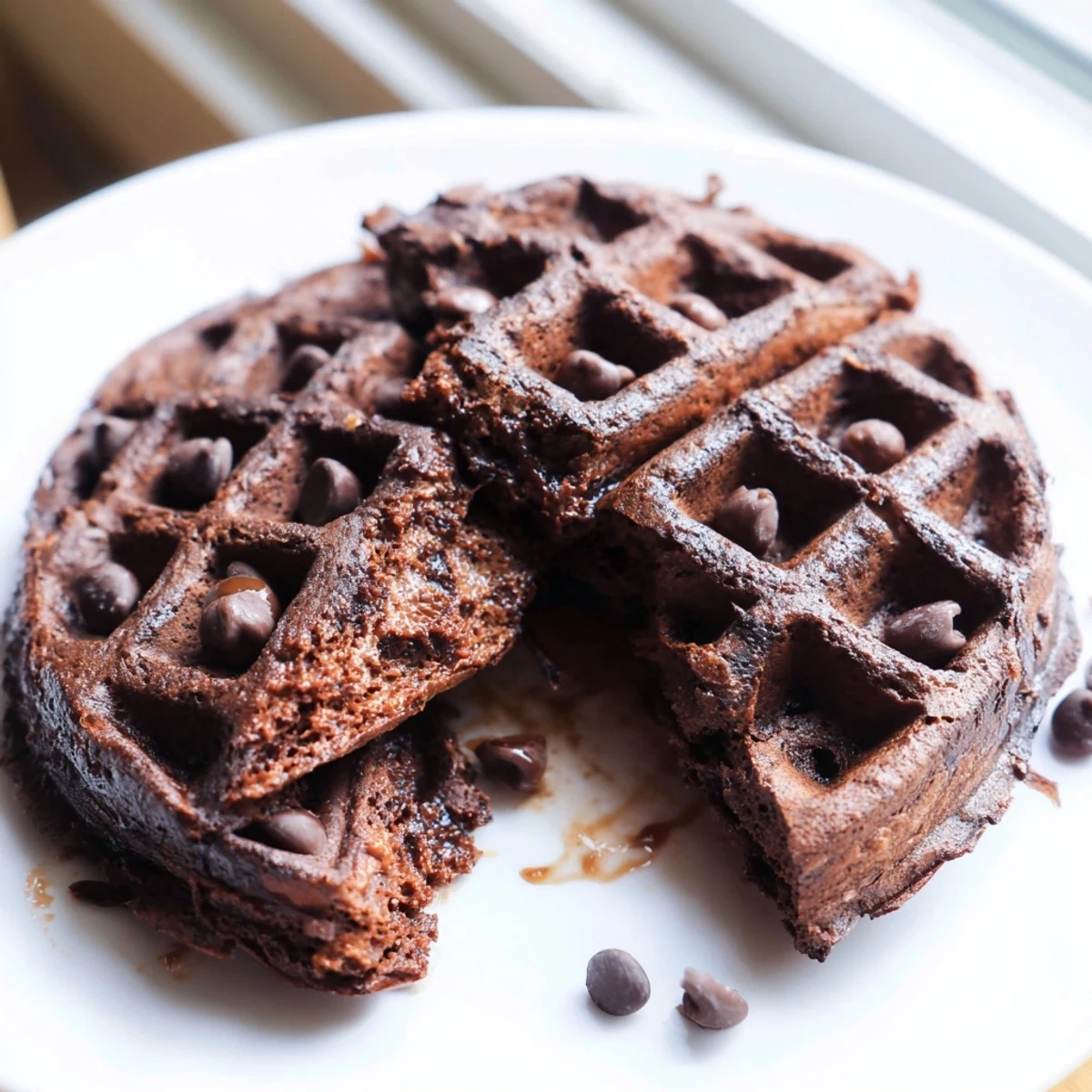 Fudgy brownie waffles with crisp edges, topped with whipped cream and fresh berries