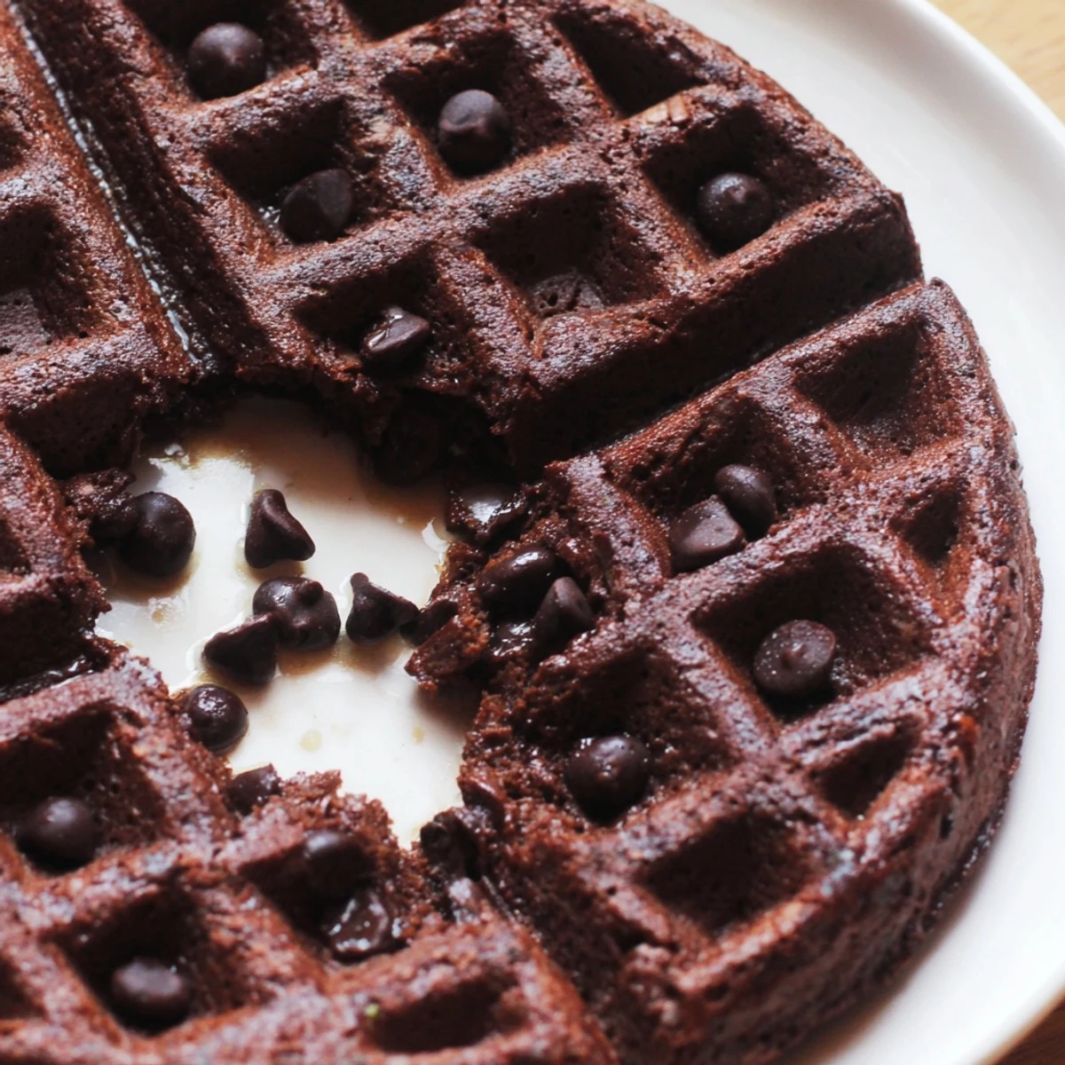 Warm fudgy brownie waffles fresh off the iron, drizzled with rich chocolate sauce