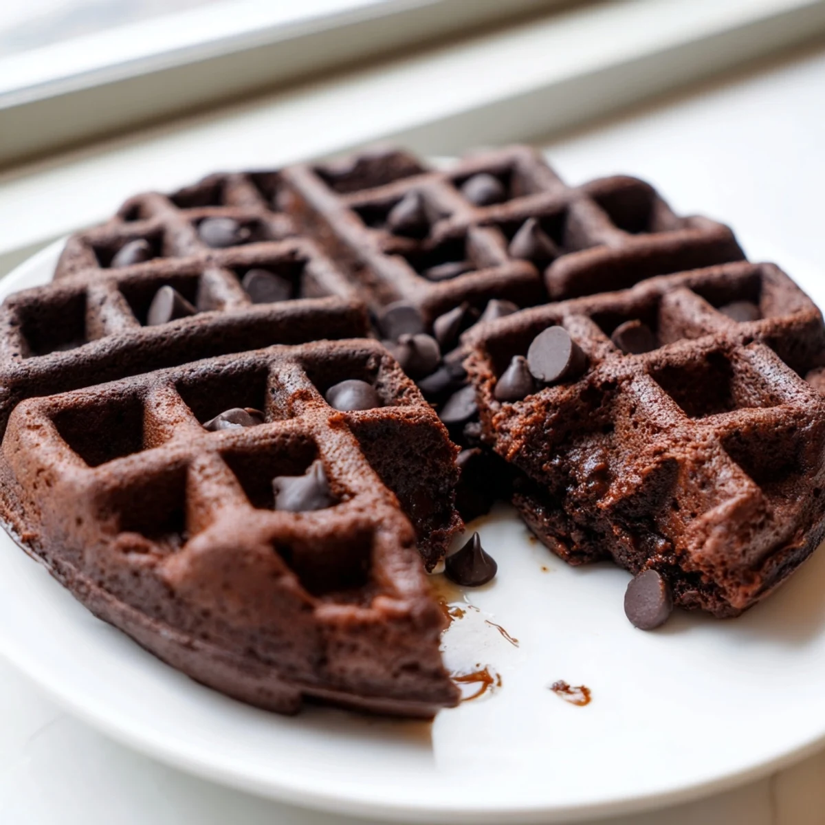 Decadent fudgy brownie waffles served on a plate, dusted with powdered sugar