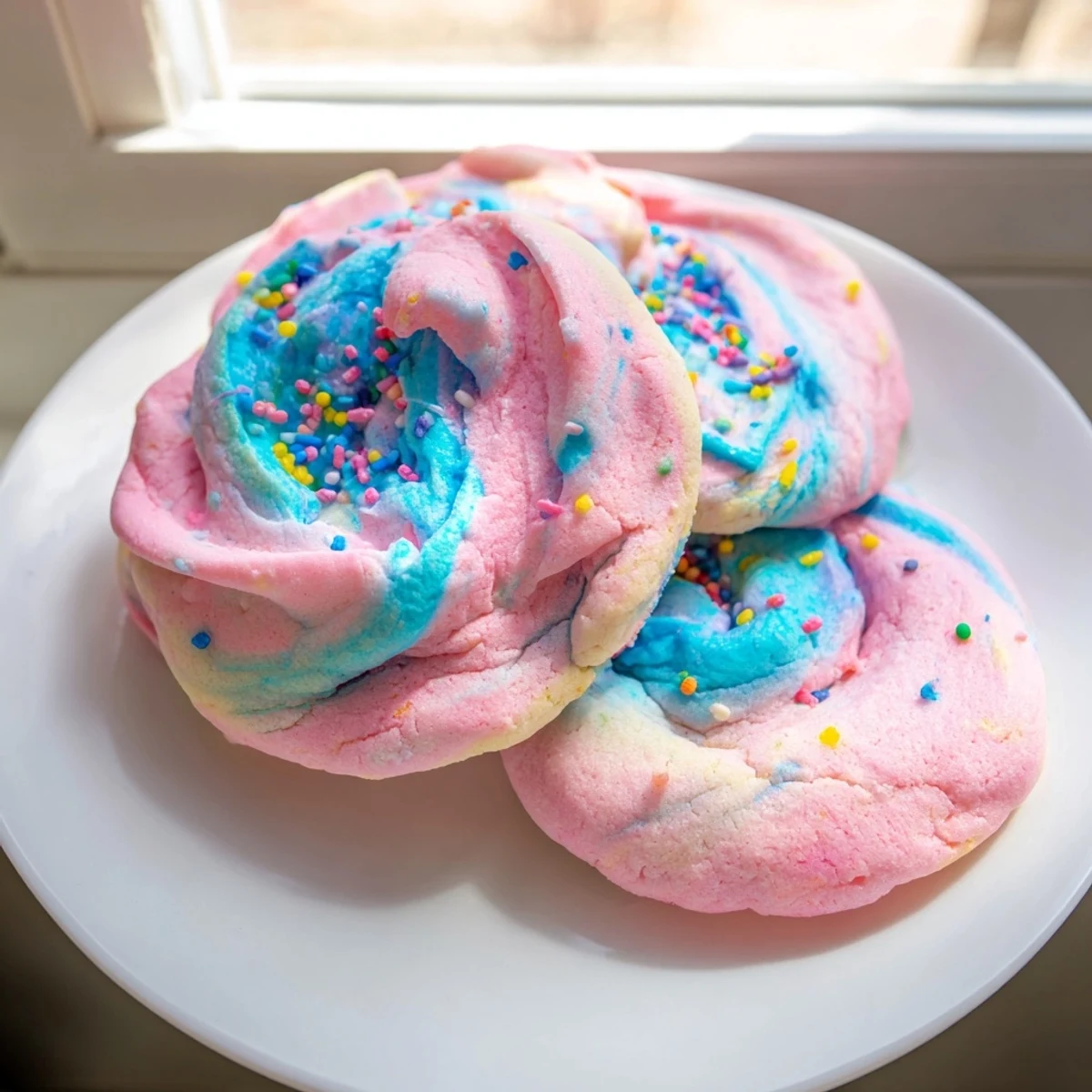 Soft cotton candy cookies with swirled pink and blue pastel dough on a parchment-lined baking sheet