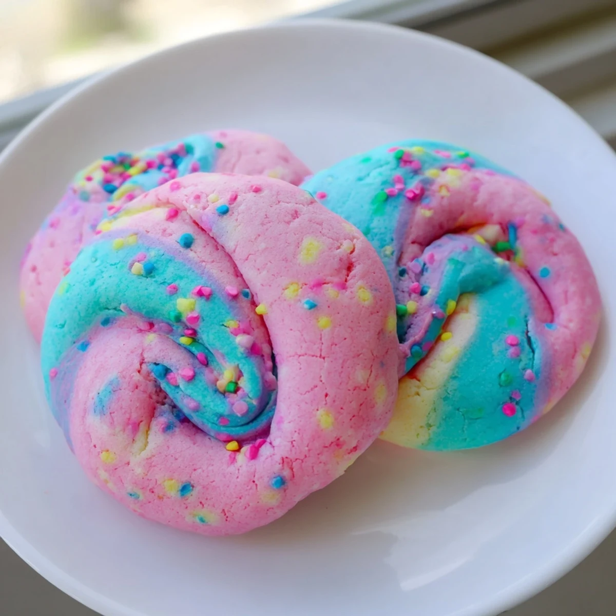 Chewy cotton candy cookies topped with colorful sprinkles arranged on a rustic white plate