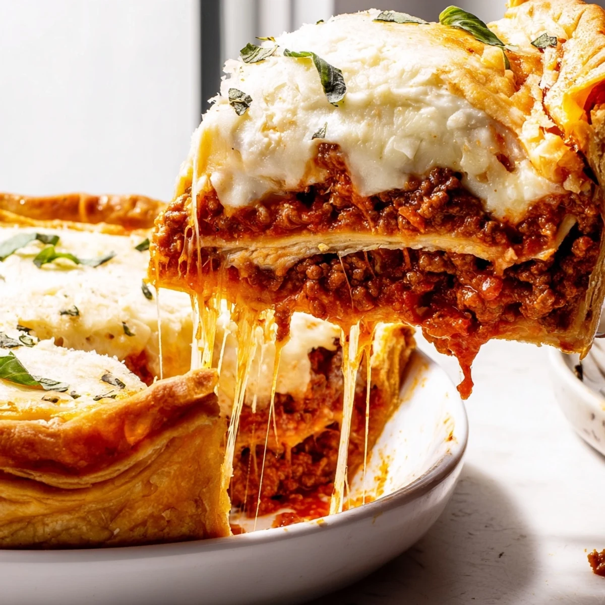 Cheesy Lasagna Pie with golden bubbly mozzarella baked in a flaky crust