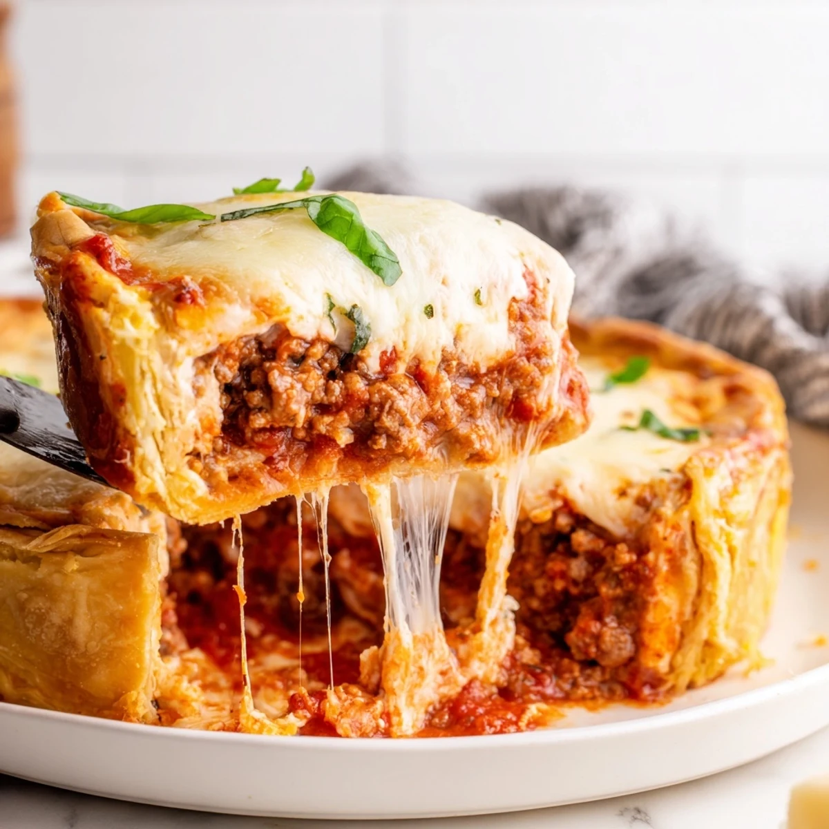 Sliced Cheesy Lasagna Pie showing gooey ricotta and meat sauce layers