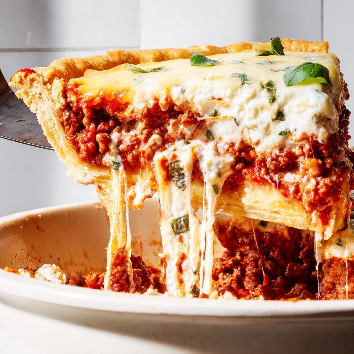 Steaming Cheesy Lasagna Pie topped with melted cheese and fresh basil garnish