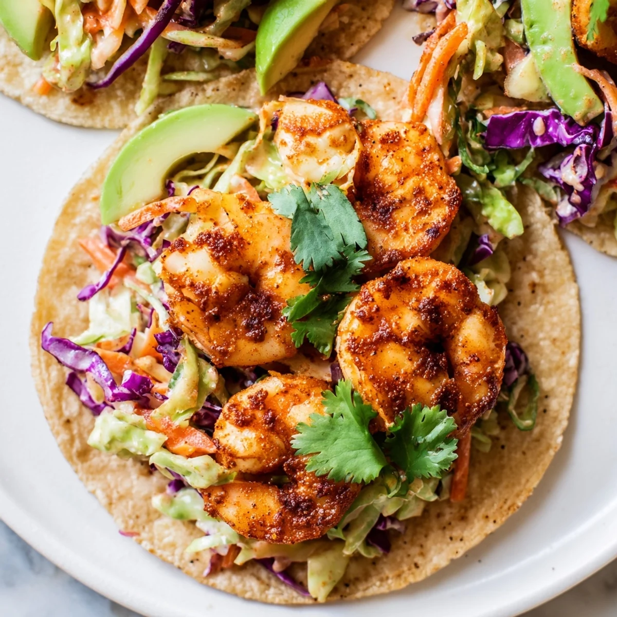 Spicy shrimp tacos loaded with creamy garlic cilantro lime slaw on warm tortillas