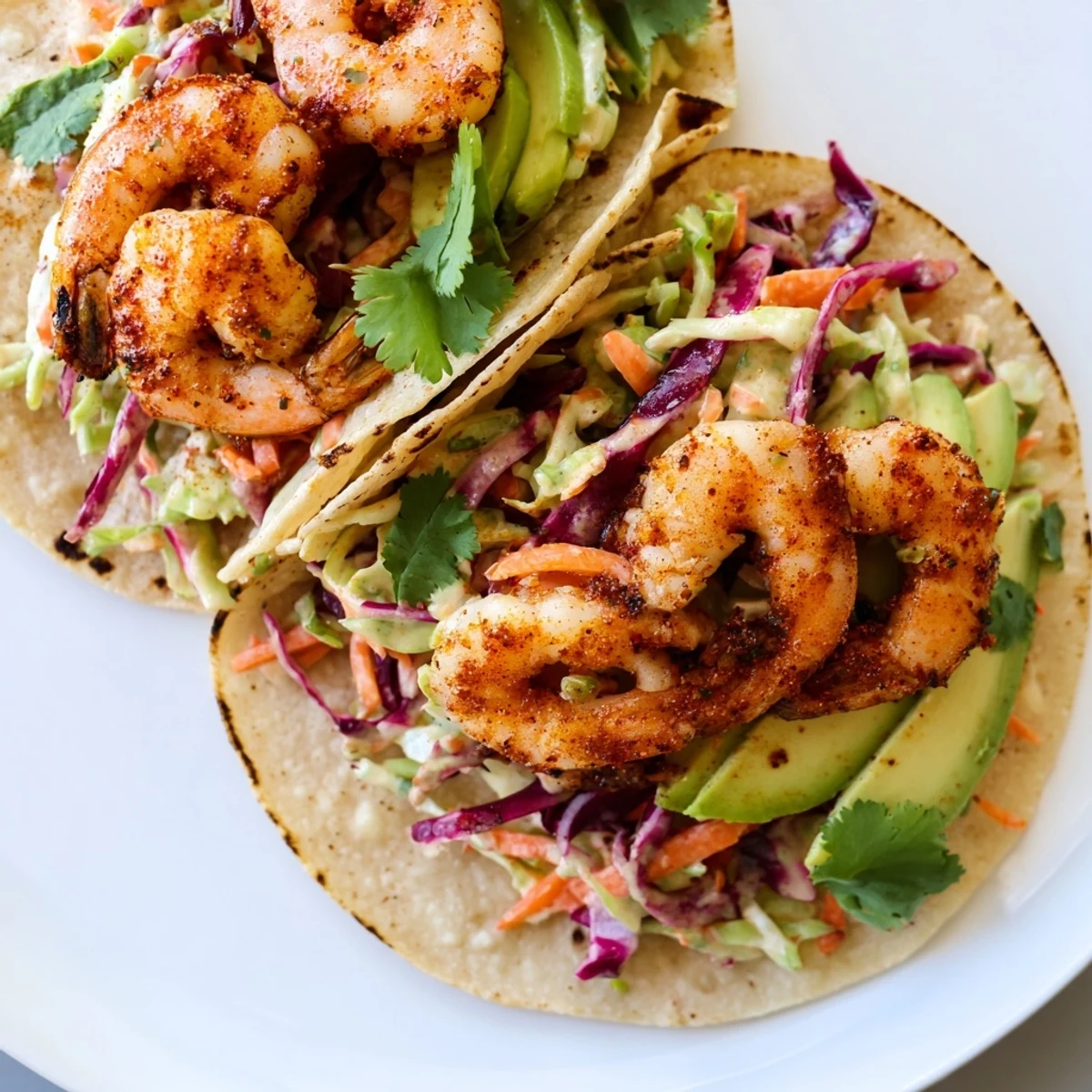 Golden seasoned shrimp nestled in flour tortillas topped with zesty cabbage slaw and avocado