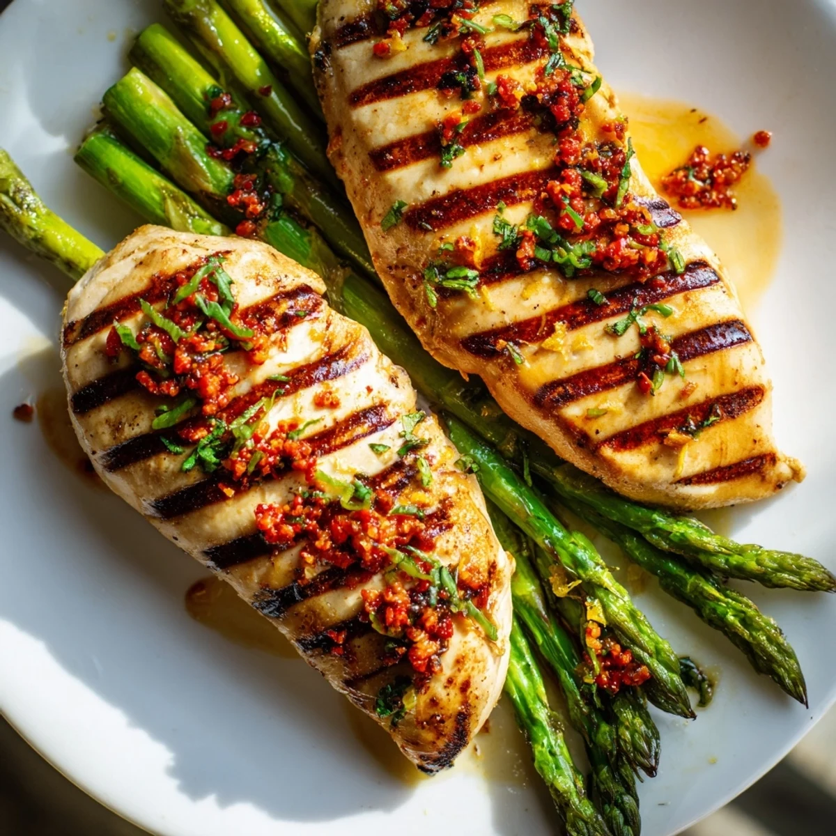 Juicy grilled asparagus chicken drizzled with vibrant Calabrian chili sauce on a plate
