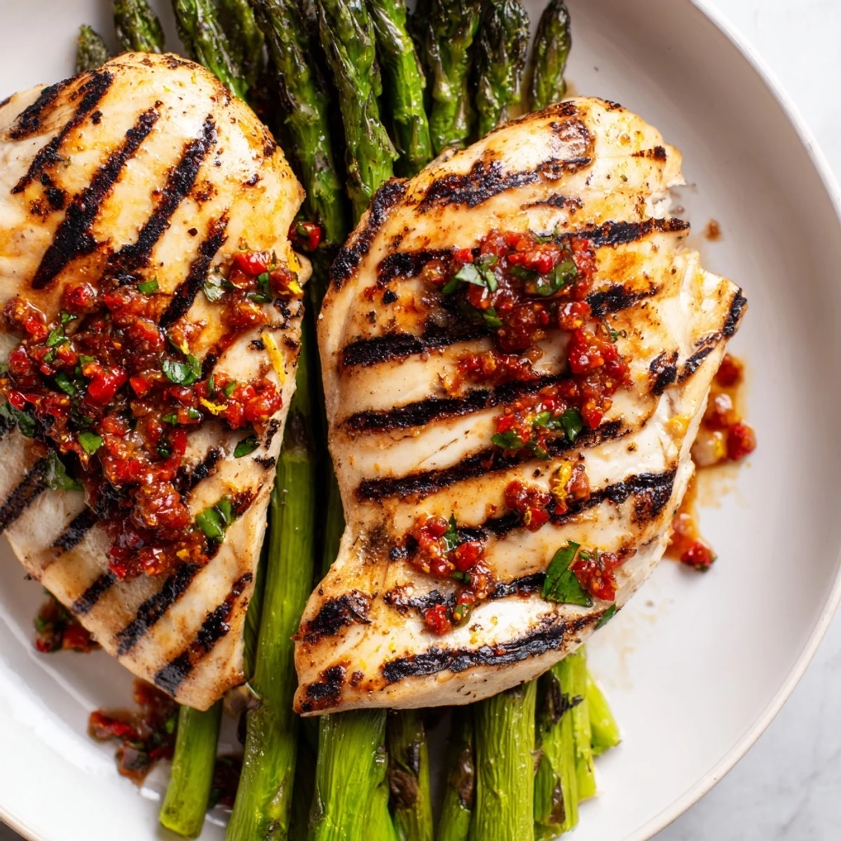 Smoky grilled chicken and charred asparagus topped with spicy red Calabrian chili sauce