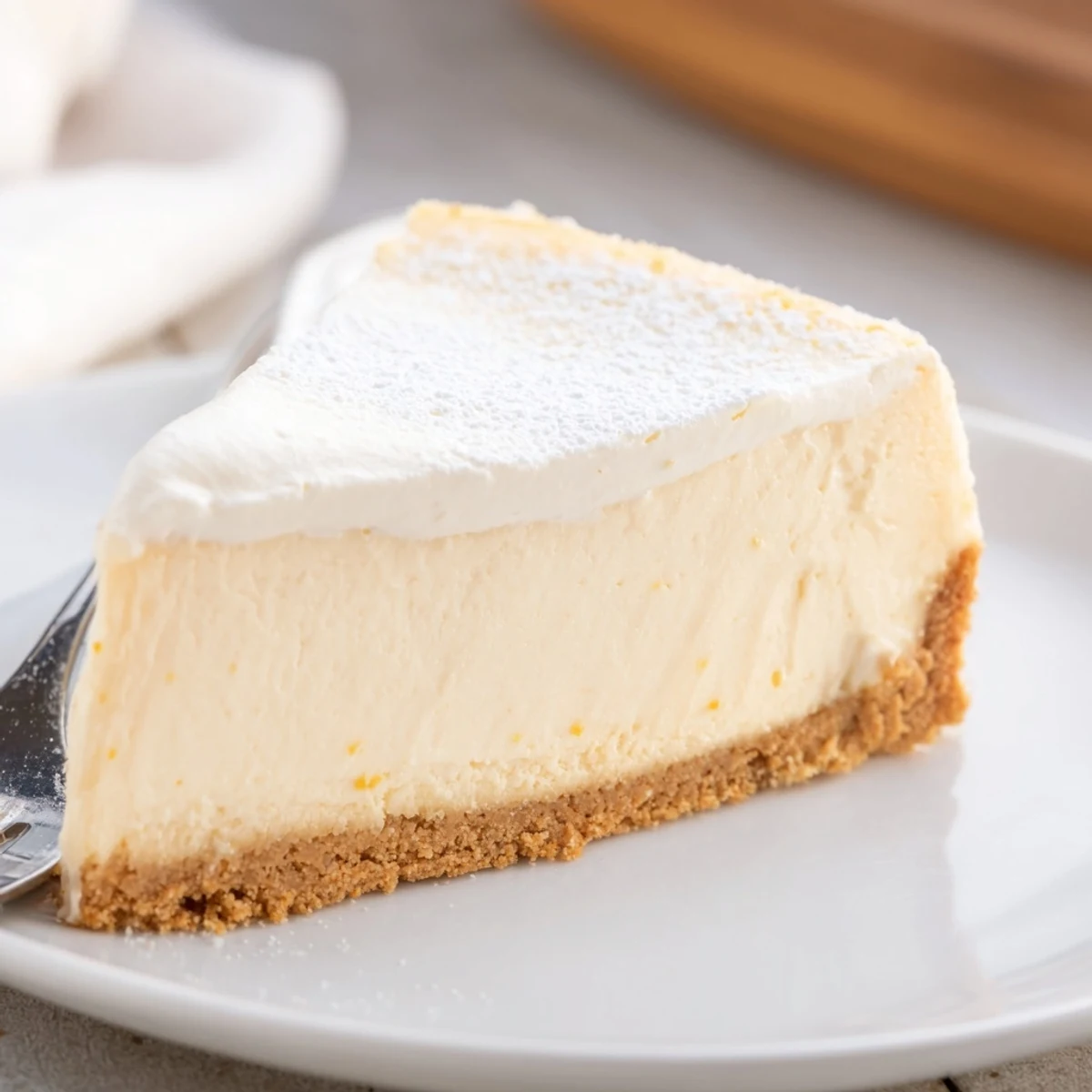 Creamy cheesecake with golden graham cracker crust, sliced and ready to serve