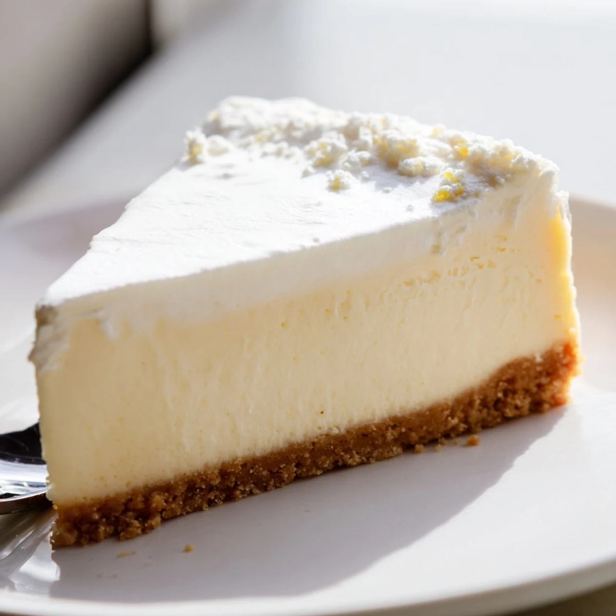 Smooth baked cheesecake topped with silky sour cream on a rustic plate