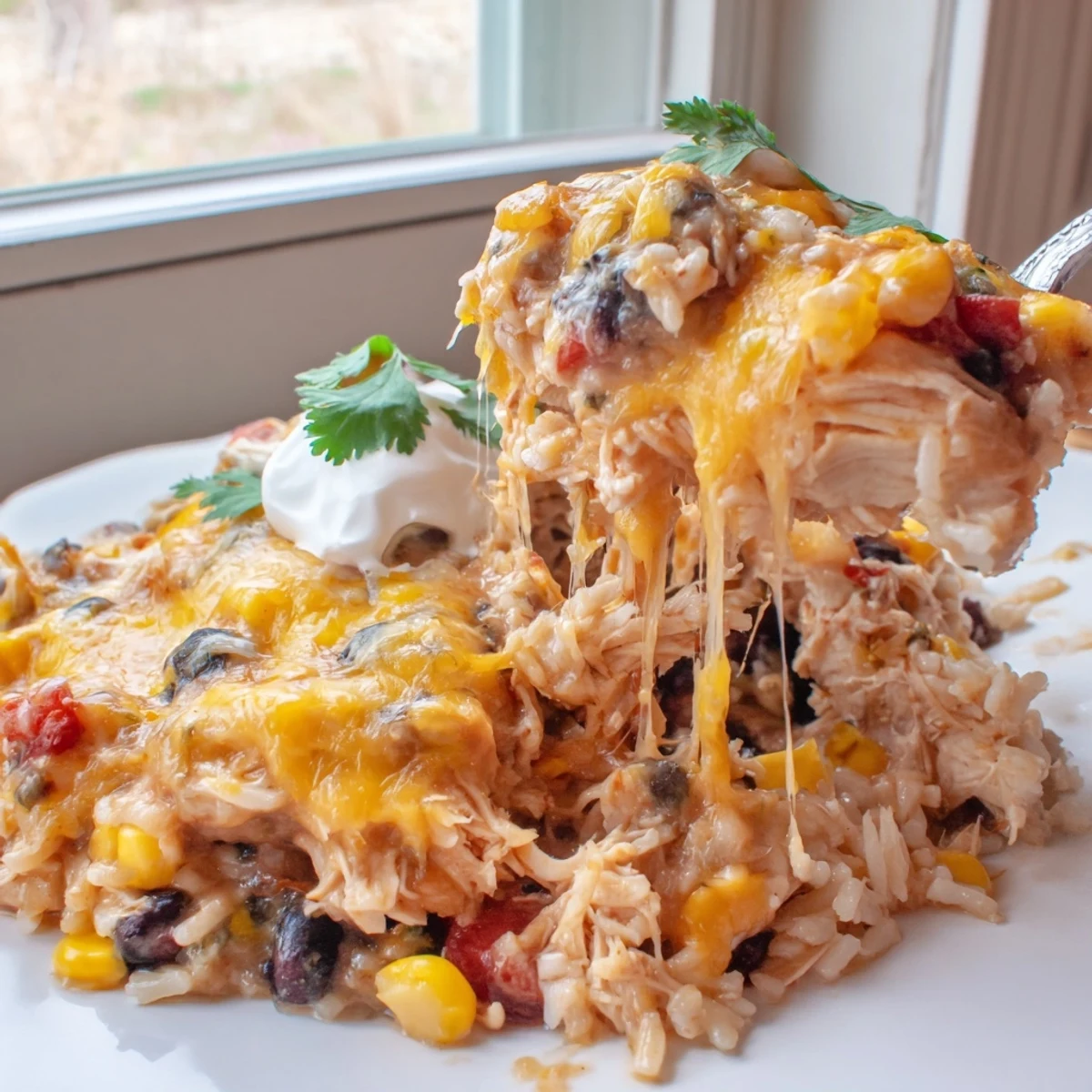 Golden bubbling chicken burrito casserole topped with melted cheddar and fresh cilantro
