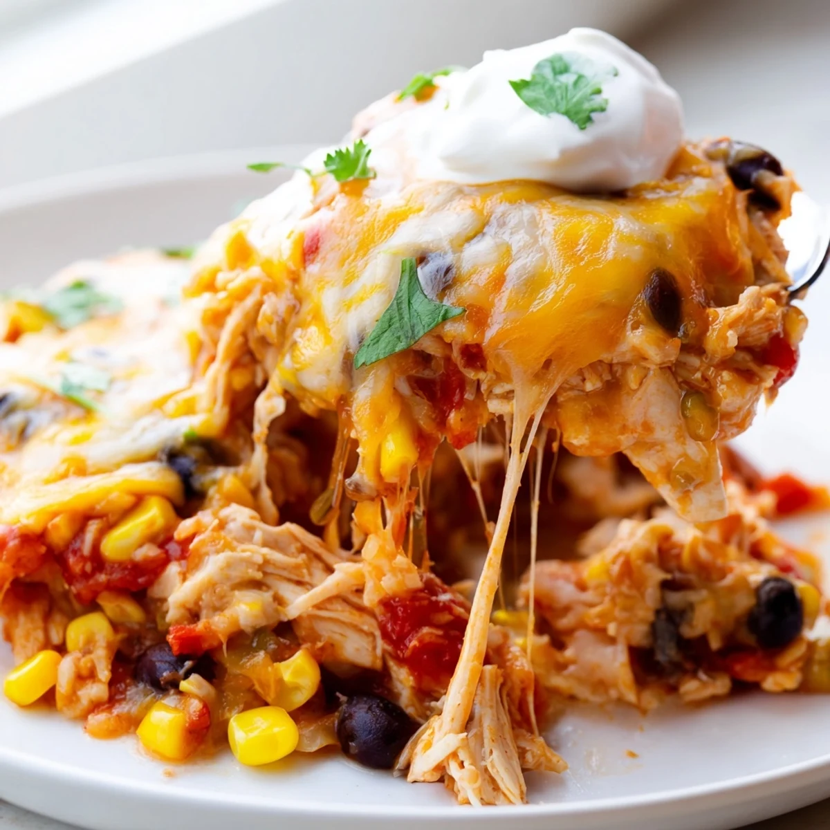 Creamy chicken burrito casserole with black beans rice and gooey Monterey Jack
