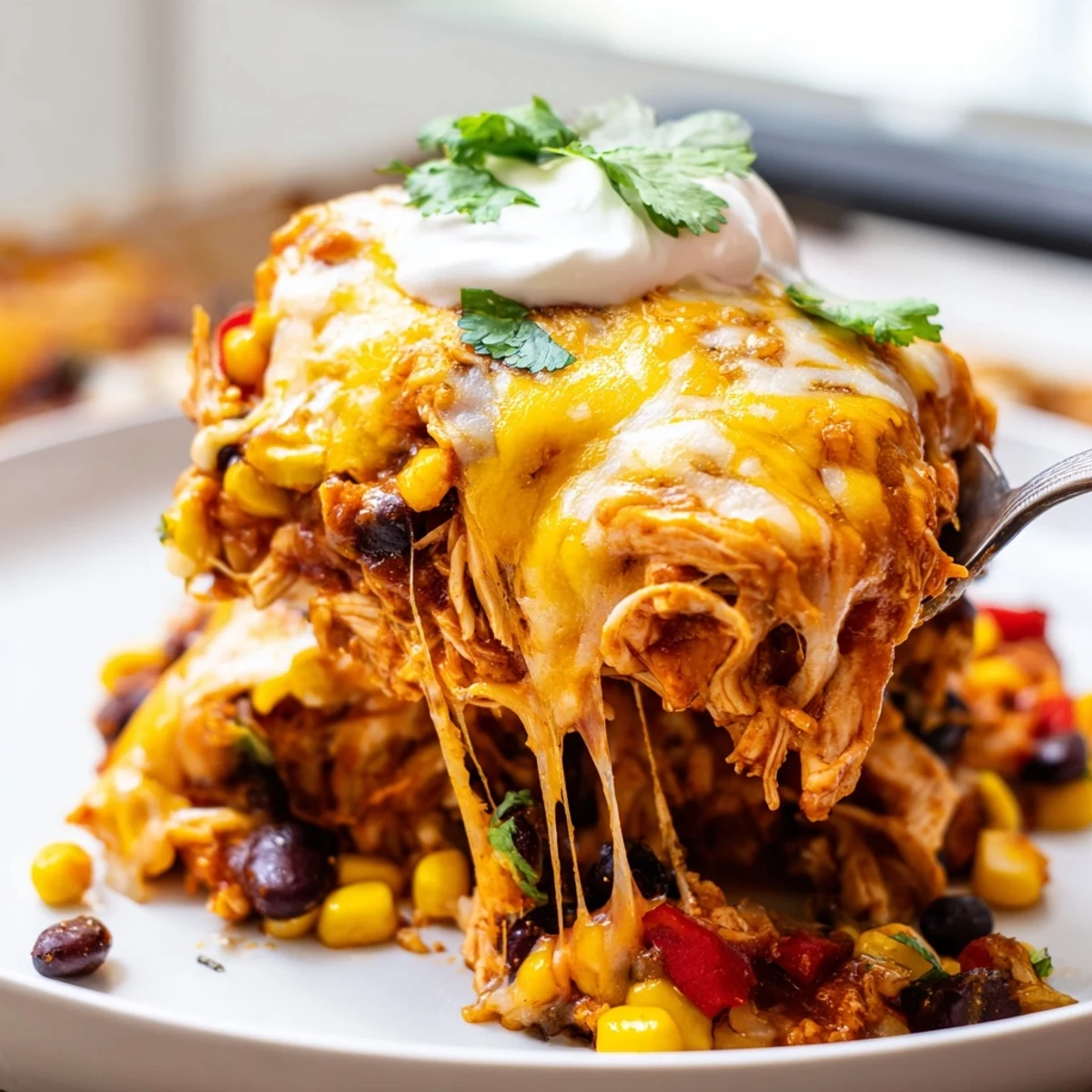 Steaming scoop of chicken burrito casserole served with sour cream and jalapeños