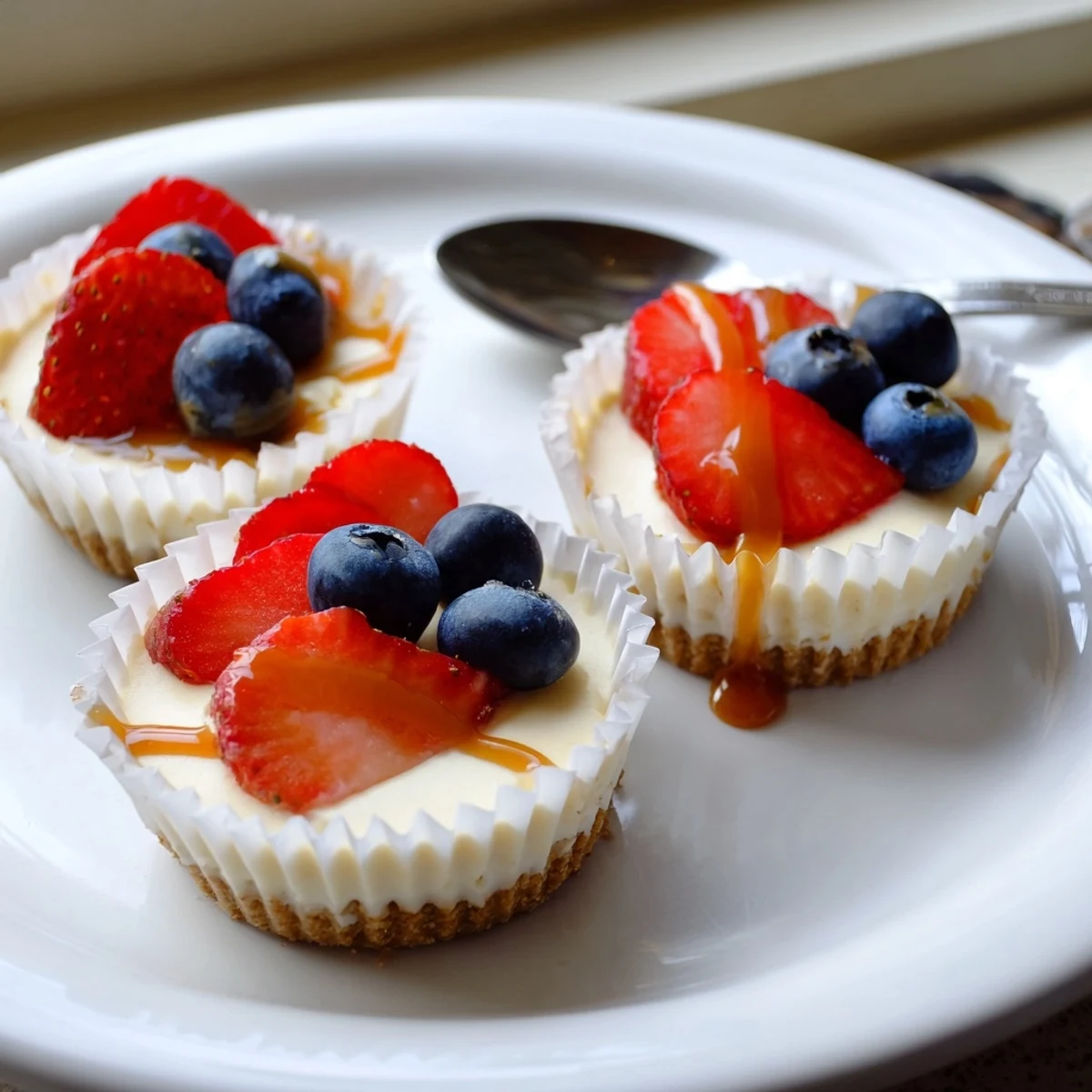 Mini cheesecakes topped with fresh berries on a creamy graham cracker crust