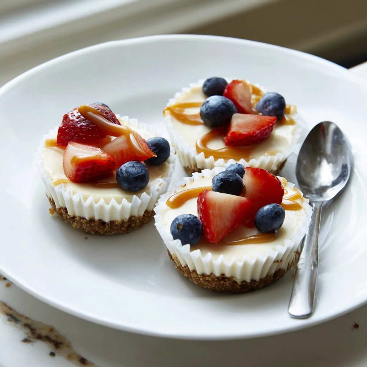 Individual mini cheesecakes with velvety filling crowned with juicy strawberry slices