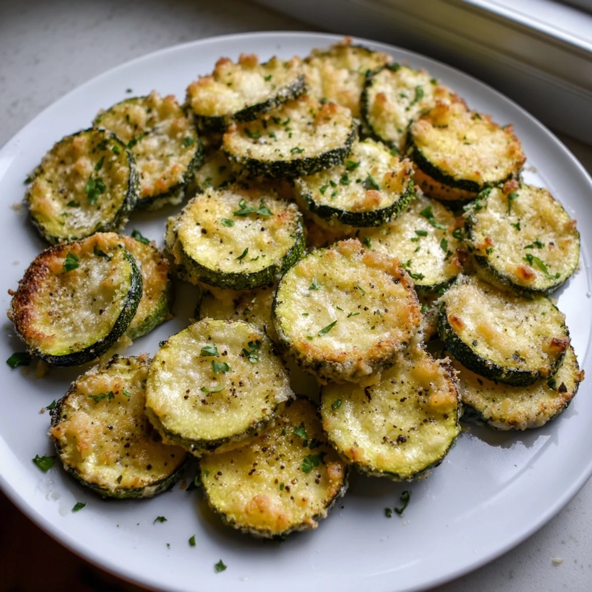 Golden roasted lemon pepper Parmesan zucchini slices on a parchment-lined baking sheet