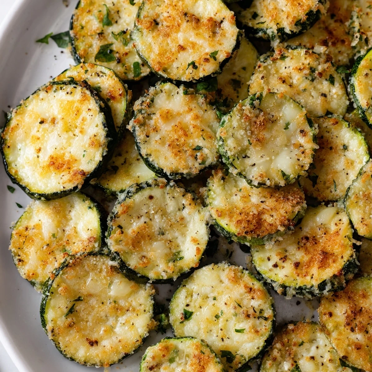 Crispy parmesan-topped lemon pepper zucchini arranged on a platter with fresh parsley