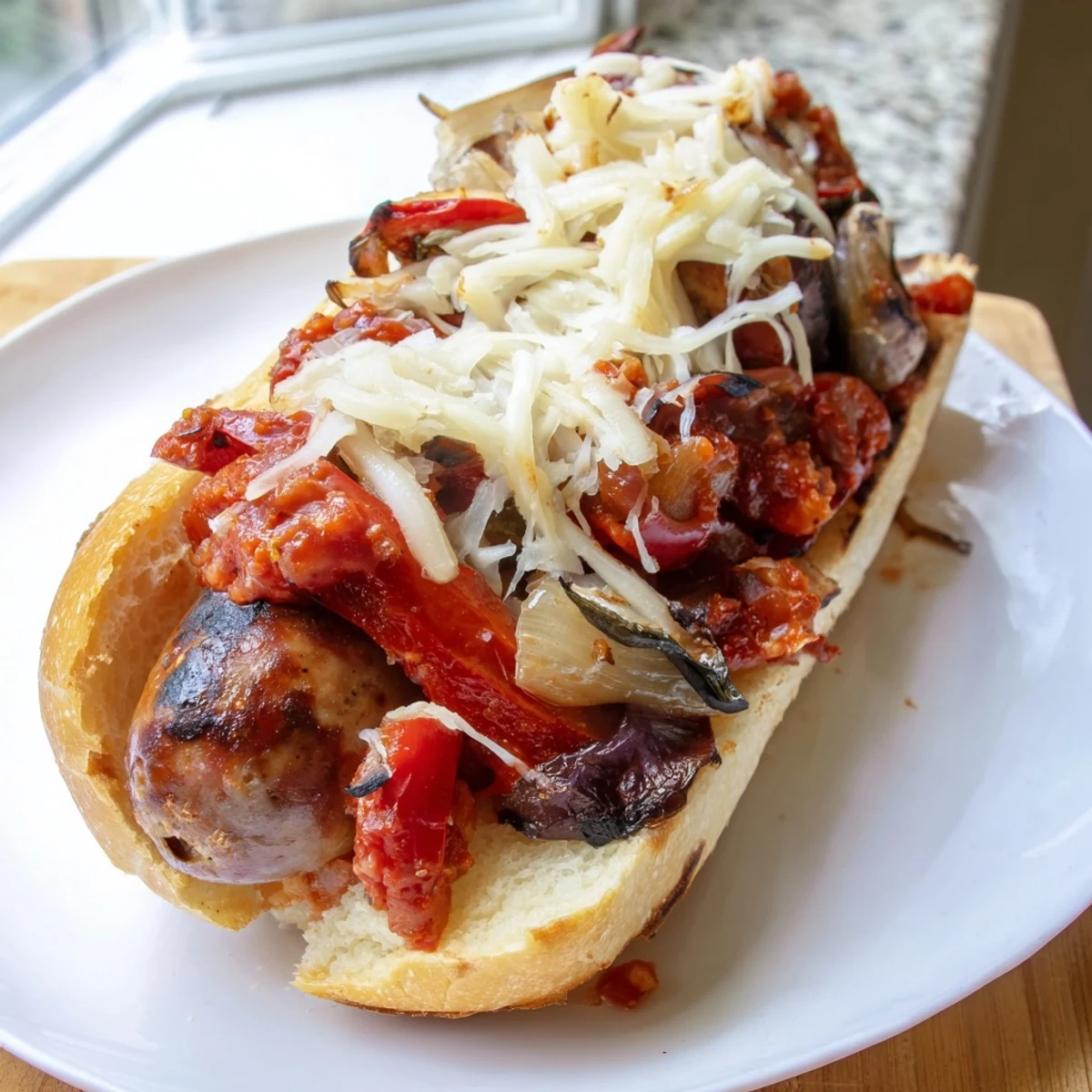 Smoky grilled sausage grinders piled with charred tomato sauce on toasted hoagie rolls
