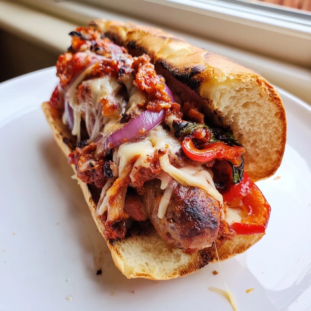 Crispy grilled sausage grinders topped with melted mozzarella and rustic grilled tomato sauce
