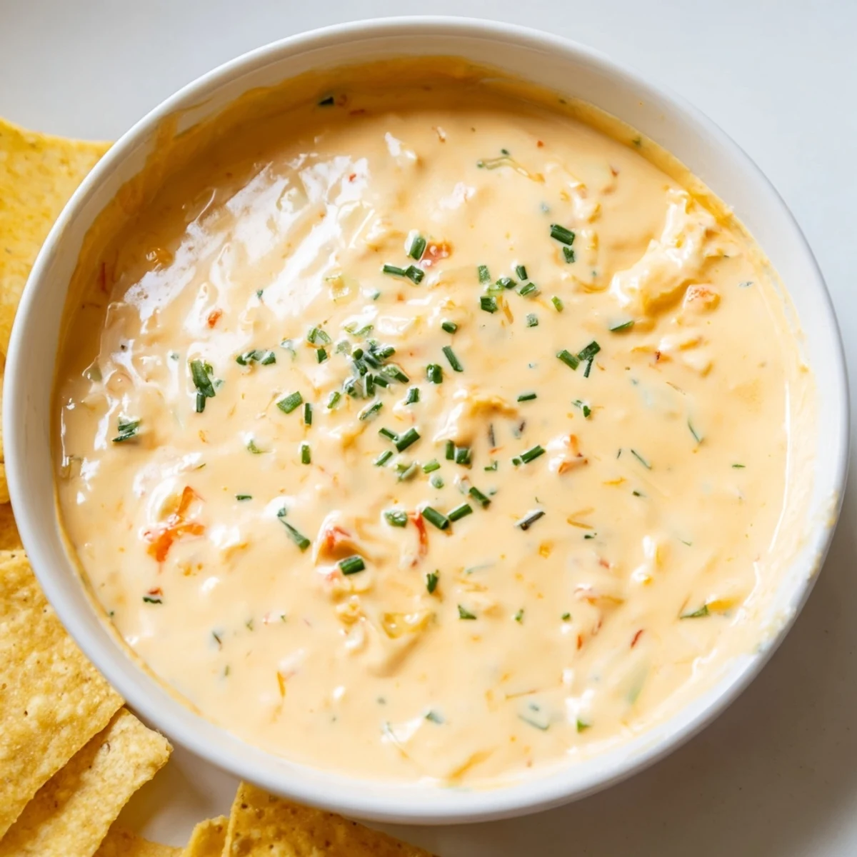 Warm cheese dip in a rustic bowl surrounded by crispy tortilla chips ready for dipping