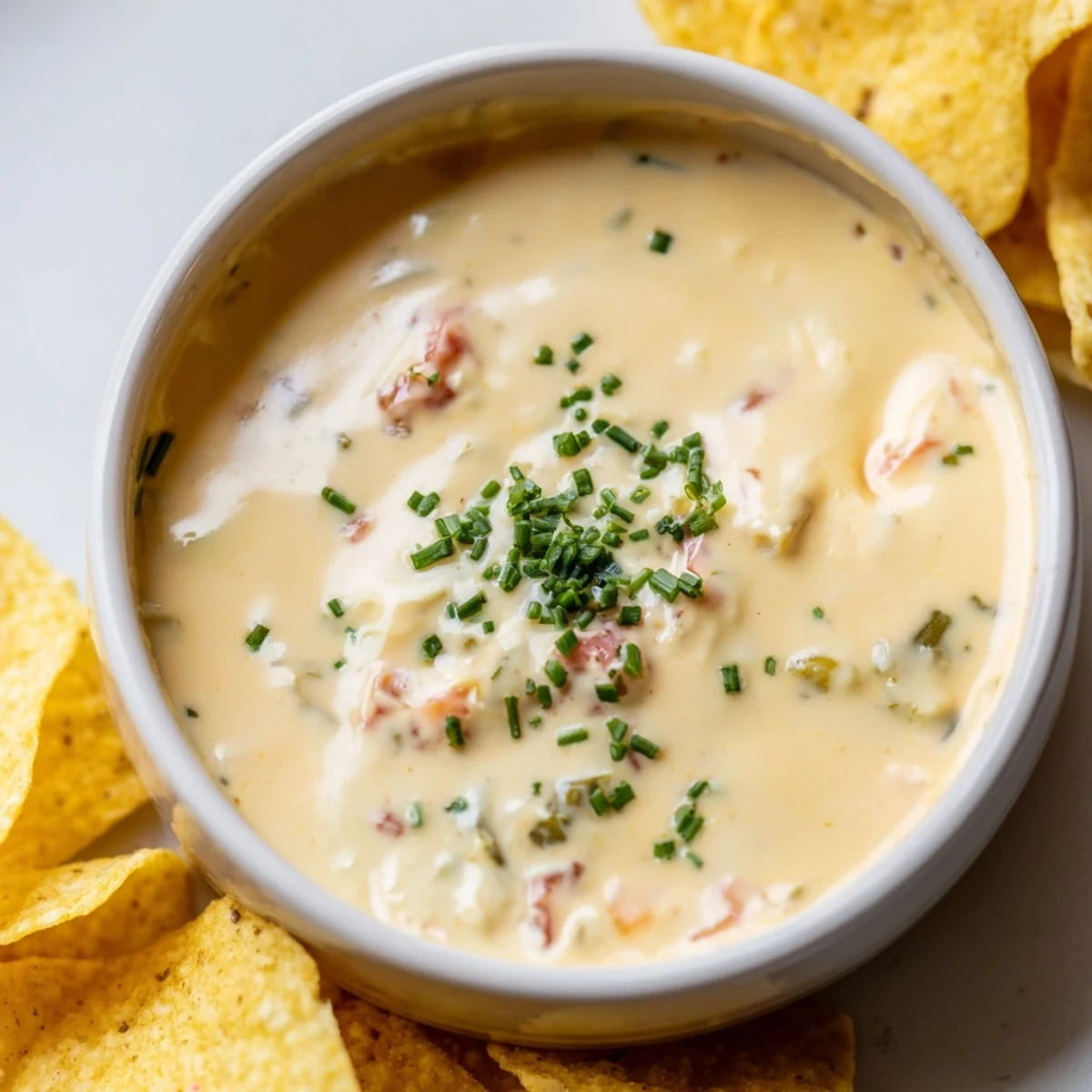 Bubbling cheese dip topped with diced tomatoes and jalapeños served in a ceramic dish