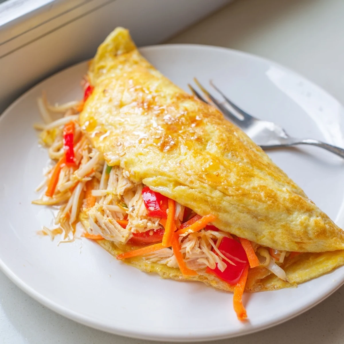 Golden Chinese omelette folded over crisp vegetables and tender shredded chicken