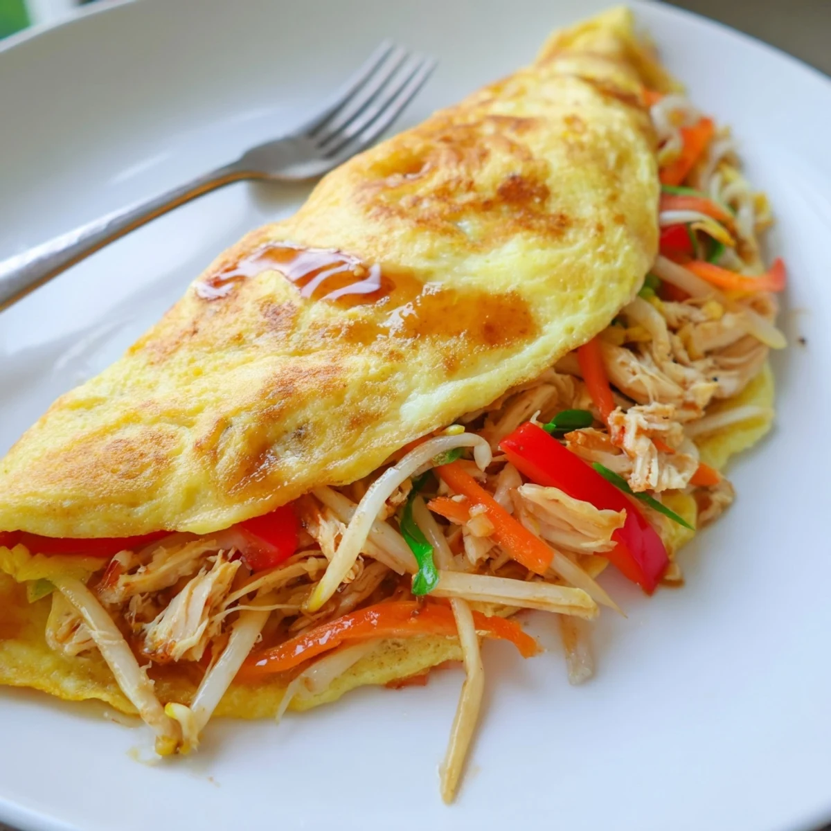 Fluffy Chinese omelette with colorful bell peppers and bean sprouts on a white plate