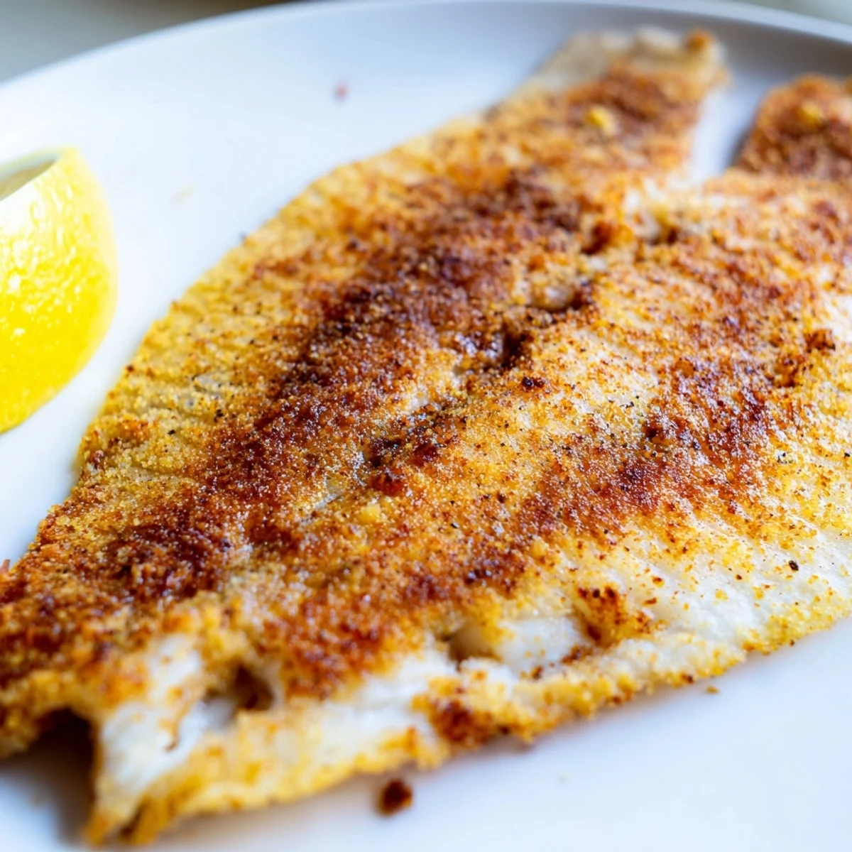 Golden pan fried tilapia fillets sizzling in a skillet with fragrant spices and lemon wedges