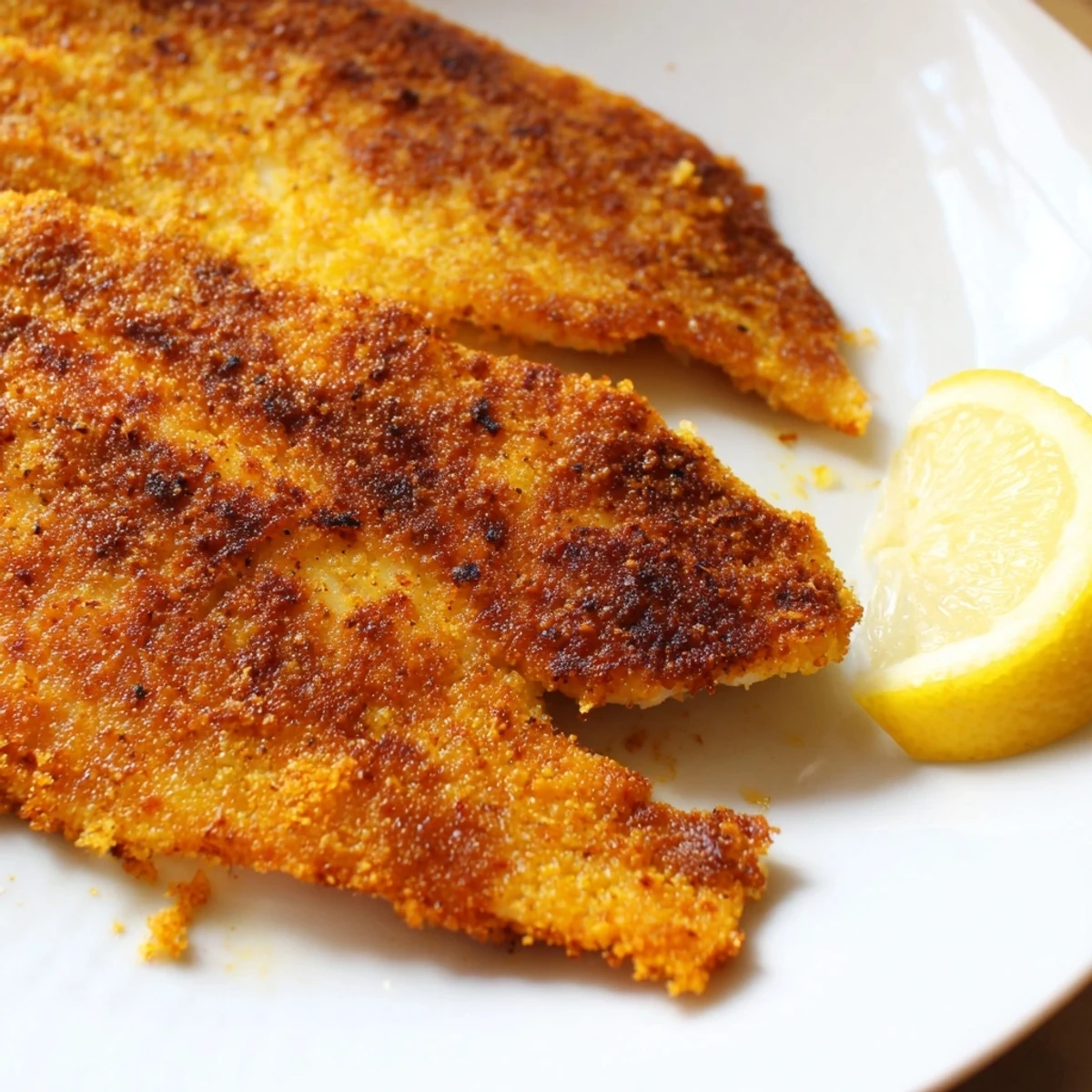 Crispy pan fried tilapia on a white plate served with fresh lemon and steamed vegetables