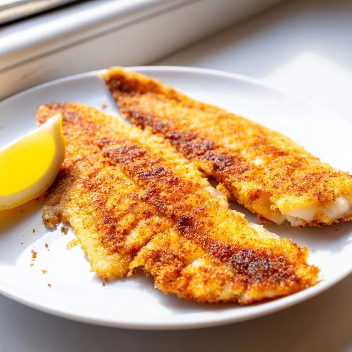 Perfectly pan fried tilapia with a seasoned golden crust flaking tenderly beside bright citrus wedges