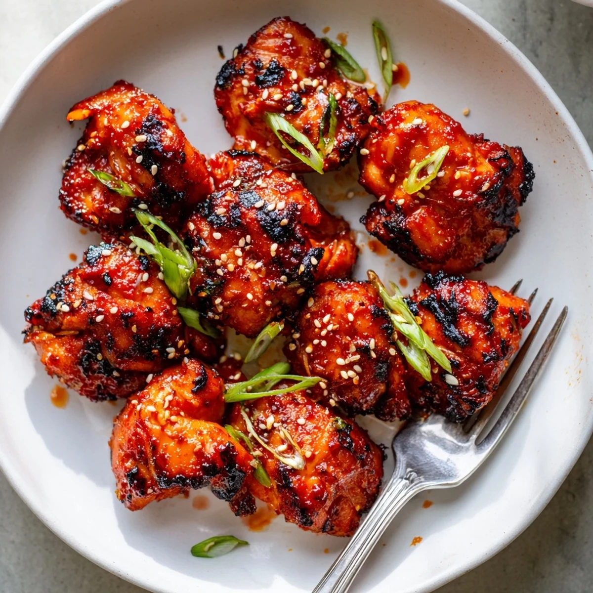 Gochujang chicken glazed in sticky red chili sauce with sesame seeds and scallions