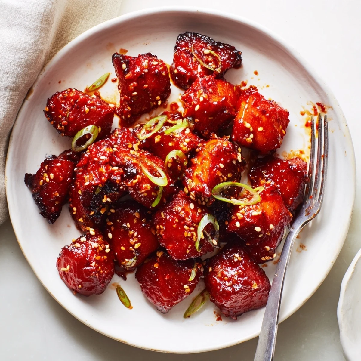Tender gochujang chicken glistening with sweet and spicy marinade topped with green onions