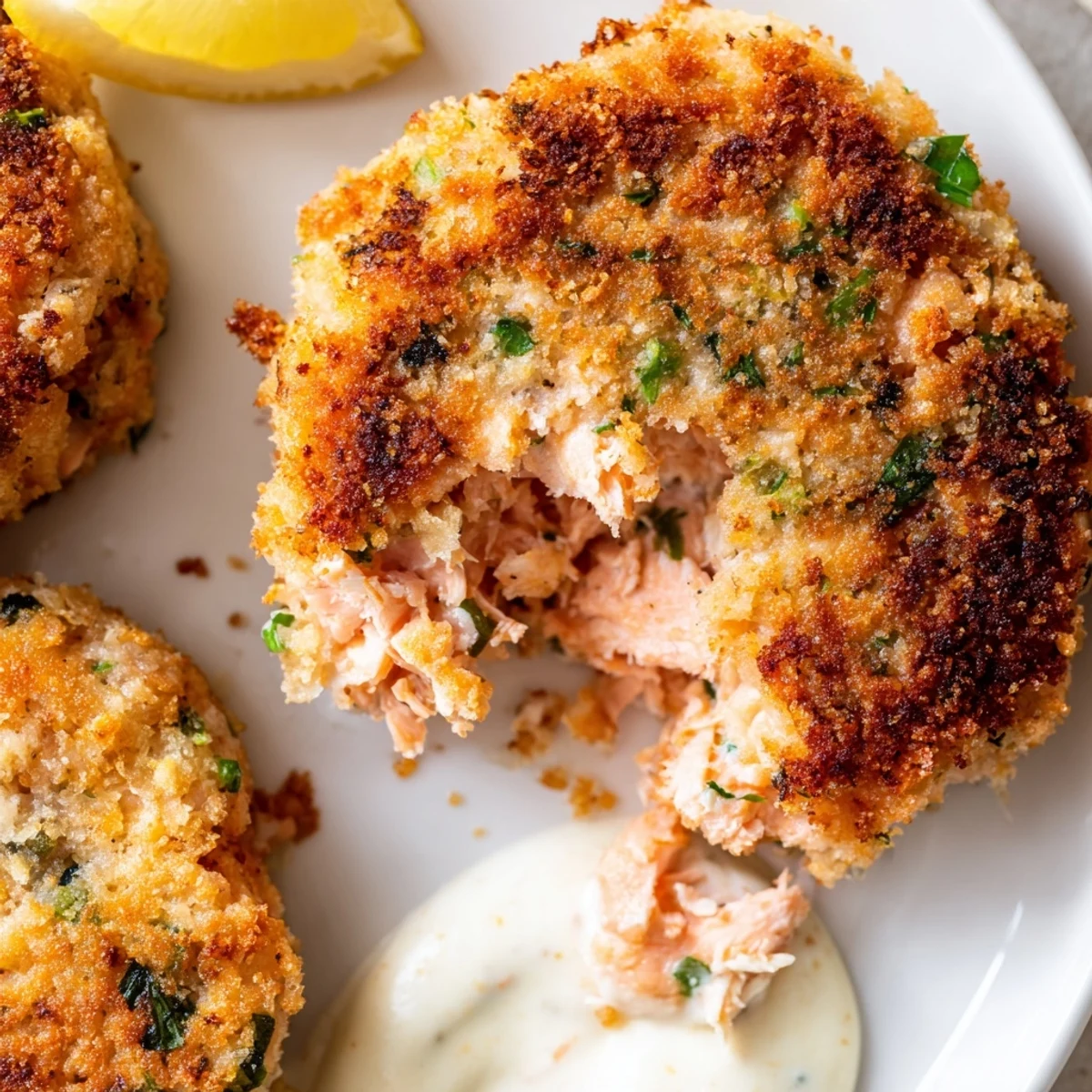 Golden crispy lemon garlic Alaska salmon cakes plated with a creamy aioli dipping sauce.