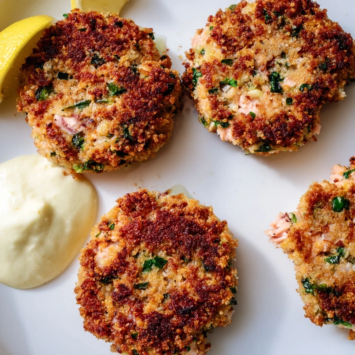 Pan-fried lemon garlic Alaska salmon cakes served hot with cool and tangy aioli.