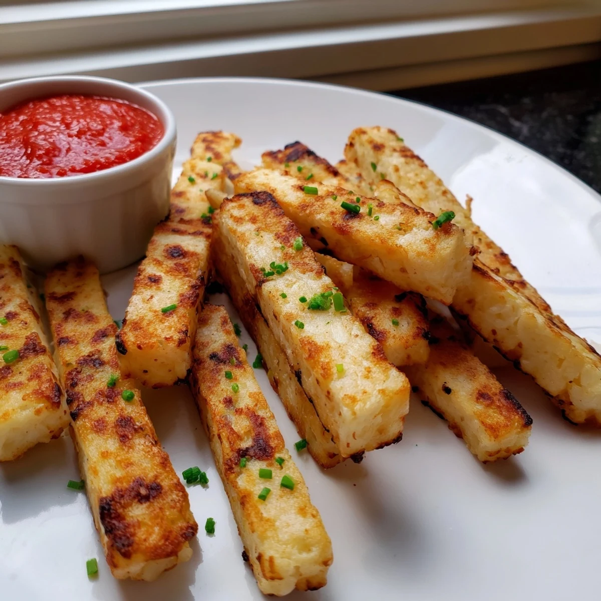 Crispy baked cottage cheese fries sprinkled with smoked paprika served hot from the oven