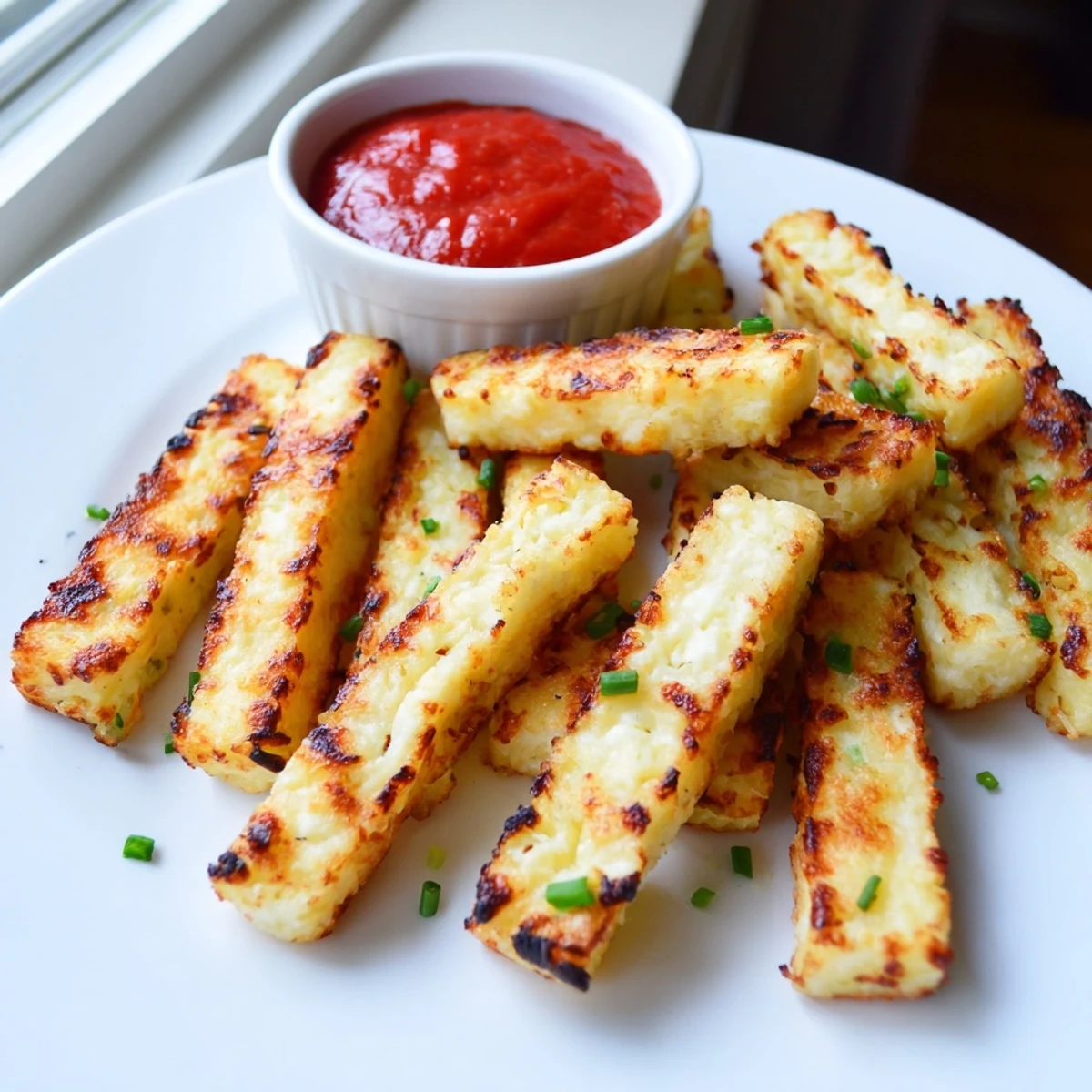 Golden baked cottage cheese fries arranged on parchment with a side of marinara dip