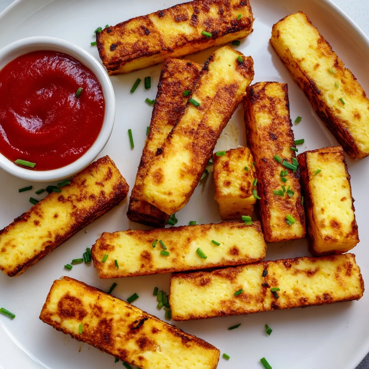 Creamy on the inside baked cottage cheese fries stacked beside a cool ranch dipping sauce