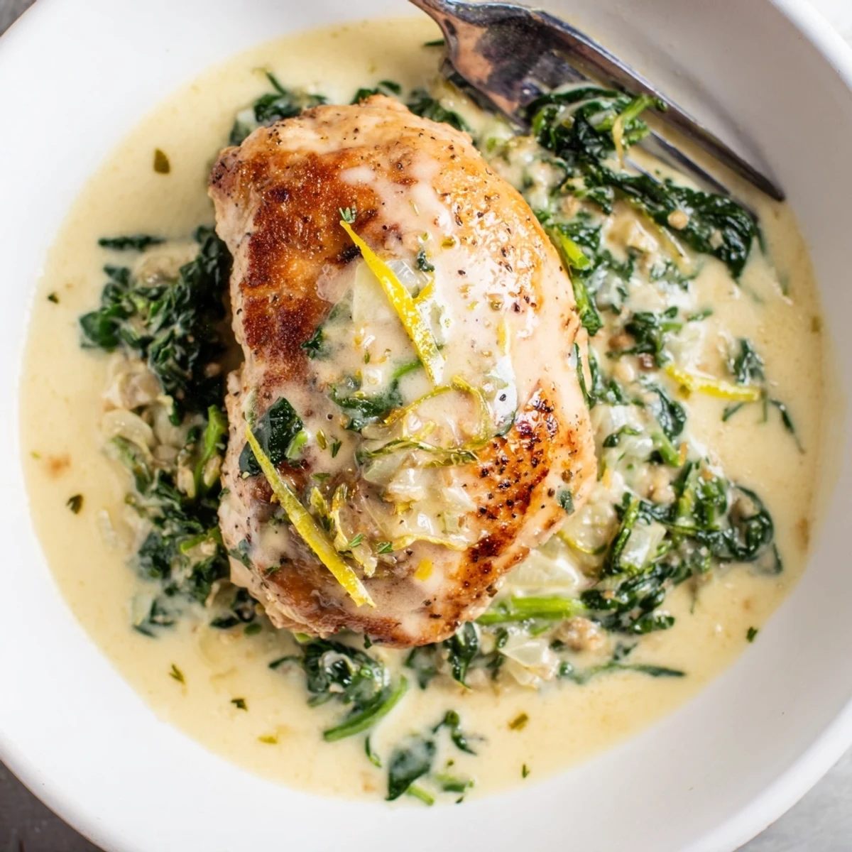 Golden brown chicken breasts nestled in a creamy lemon Parmesan sauce with wilted spinach.