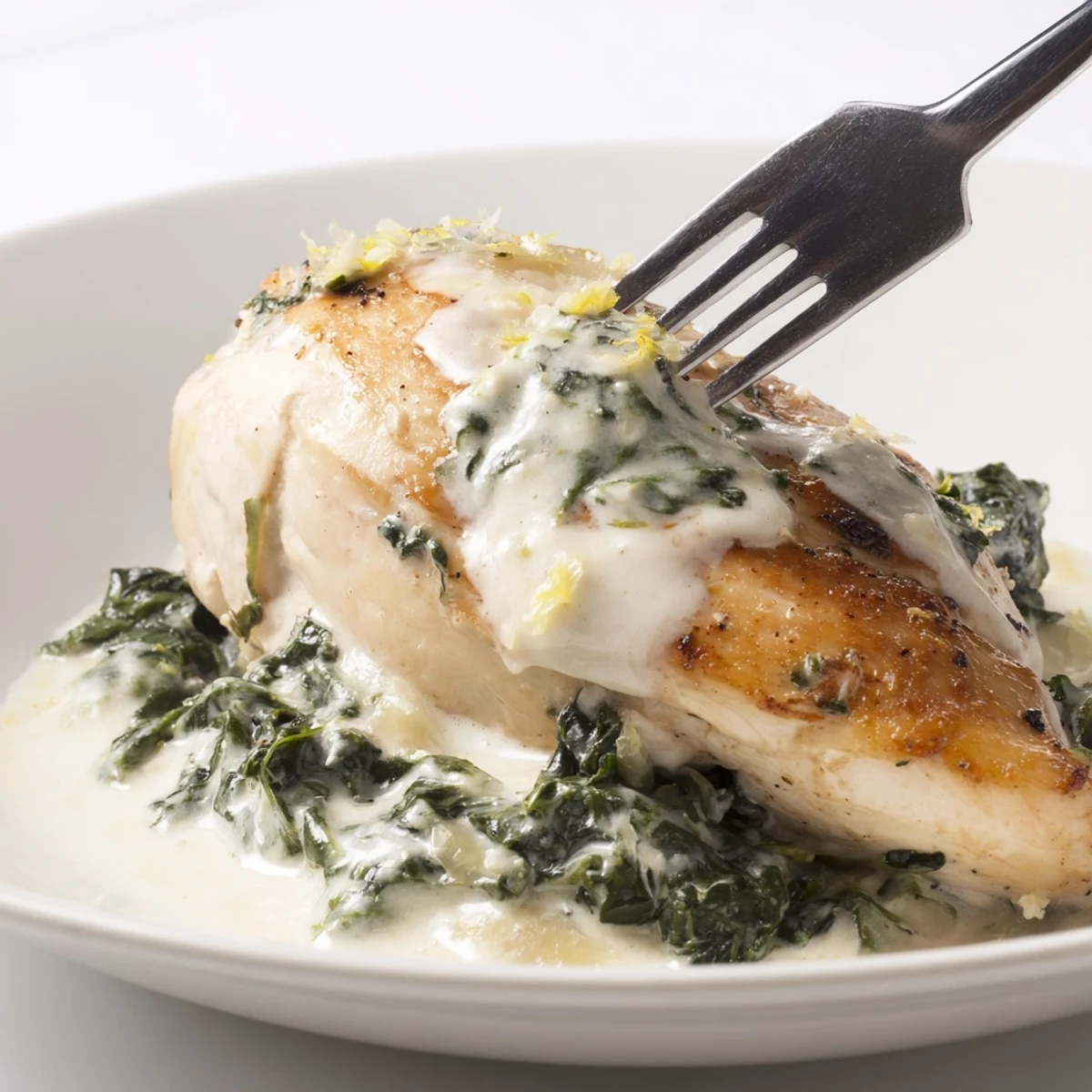 Savory lemon Parmesan spinach chicken plated with fresh herbs and a side of roasted vegetables.