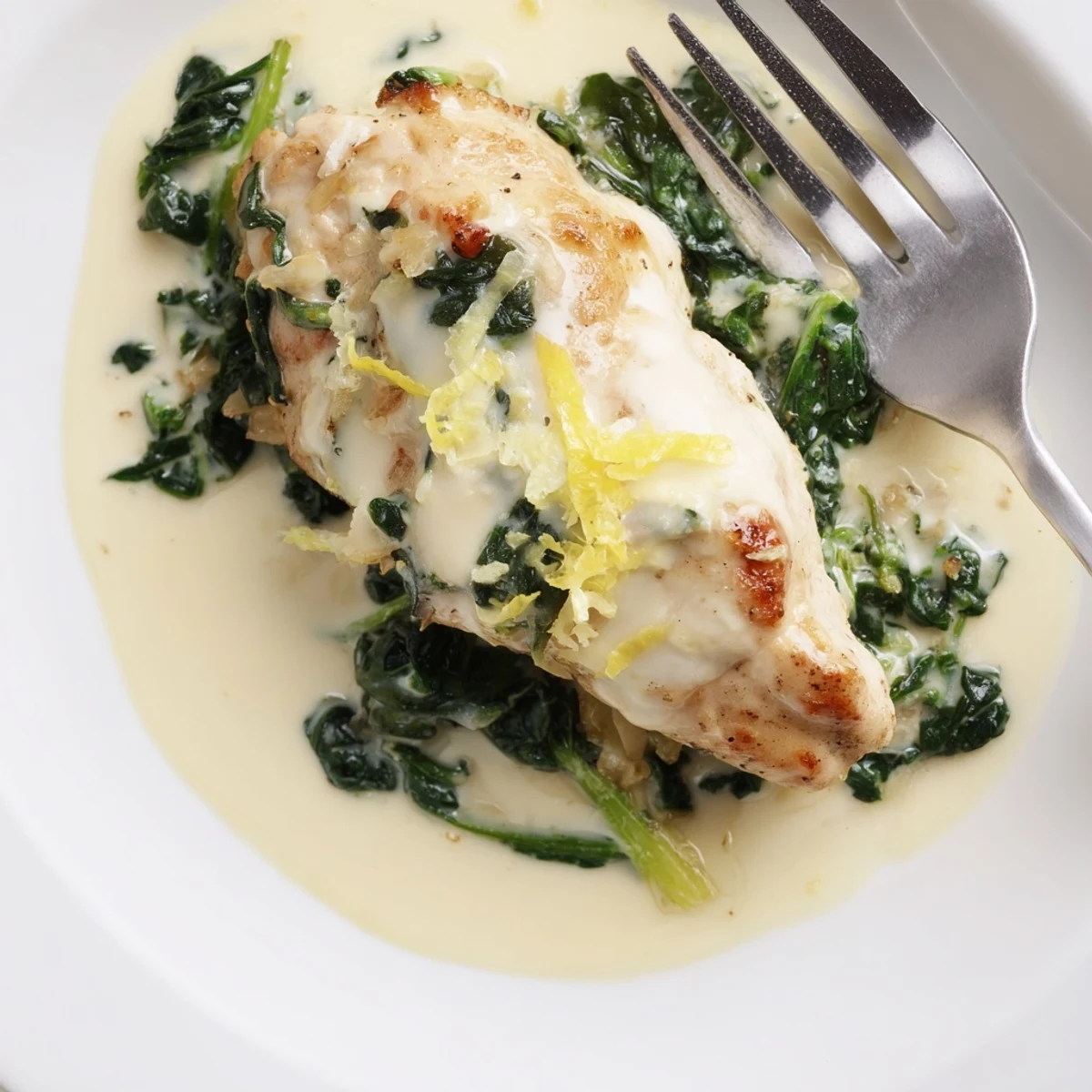 Juicy Italian-style chicken topped with melted cheese in a rich cream sauce with fresh spinach.