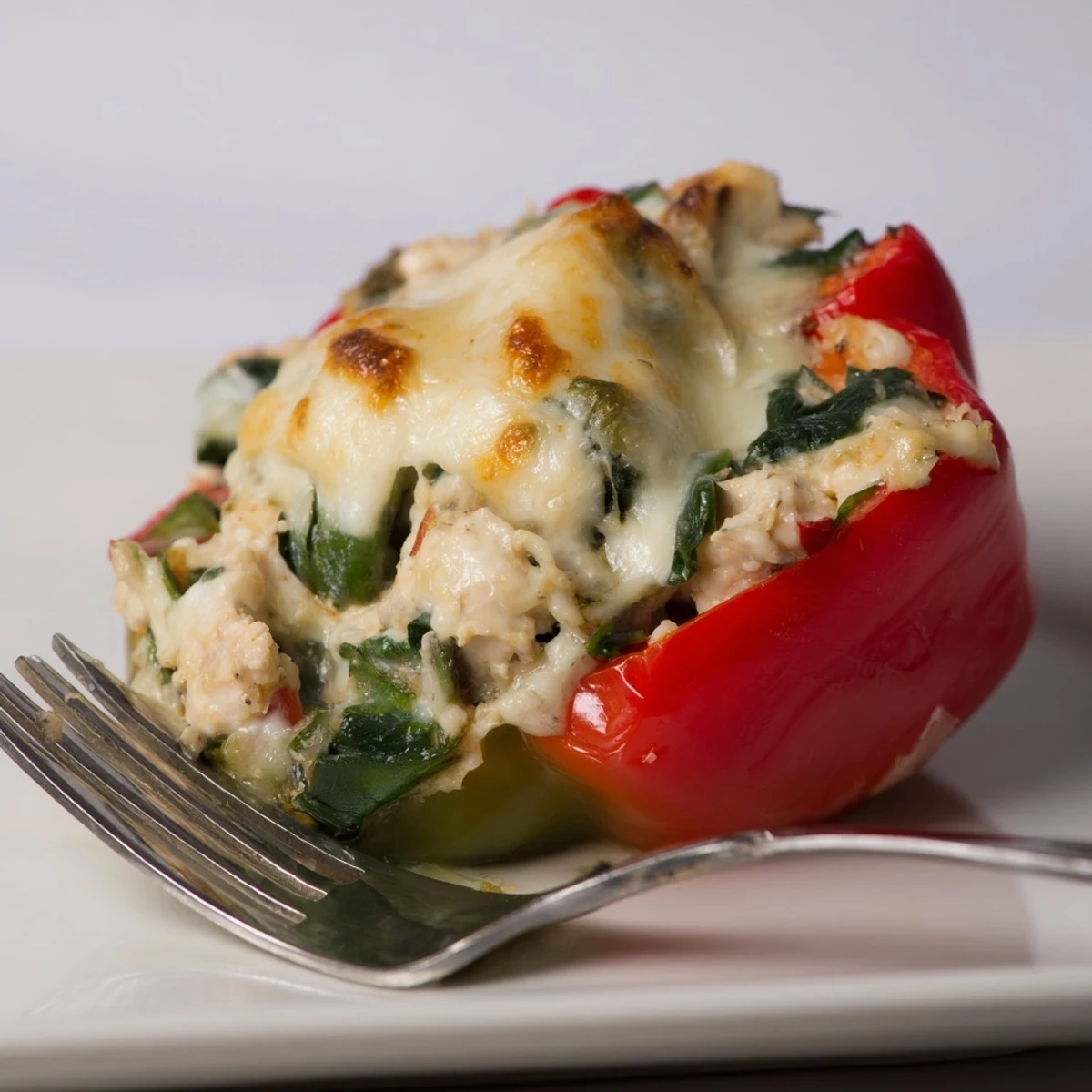 Golden baked Chicken Florentine Stuffed Peppers filled with creamy chicken and spinach mixture.