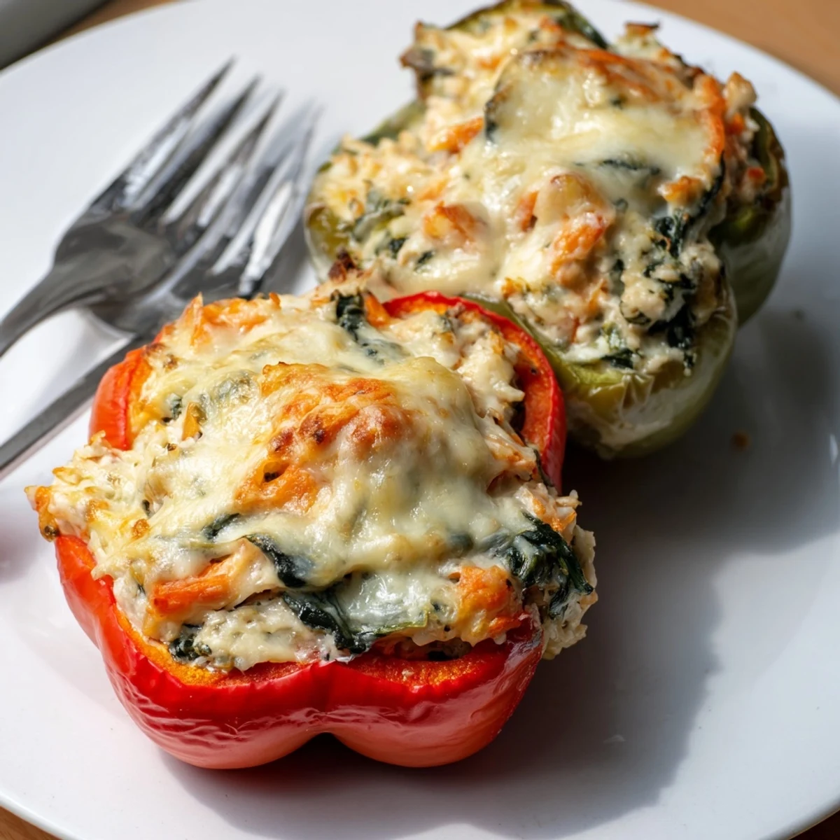 Colorful bell peppers topped with bubbling mozzarella in this Chicken Florentine Stuffed Peppers recipe.